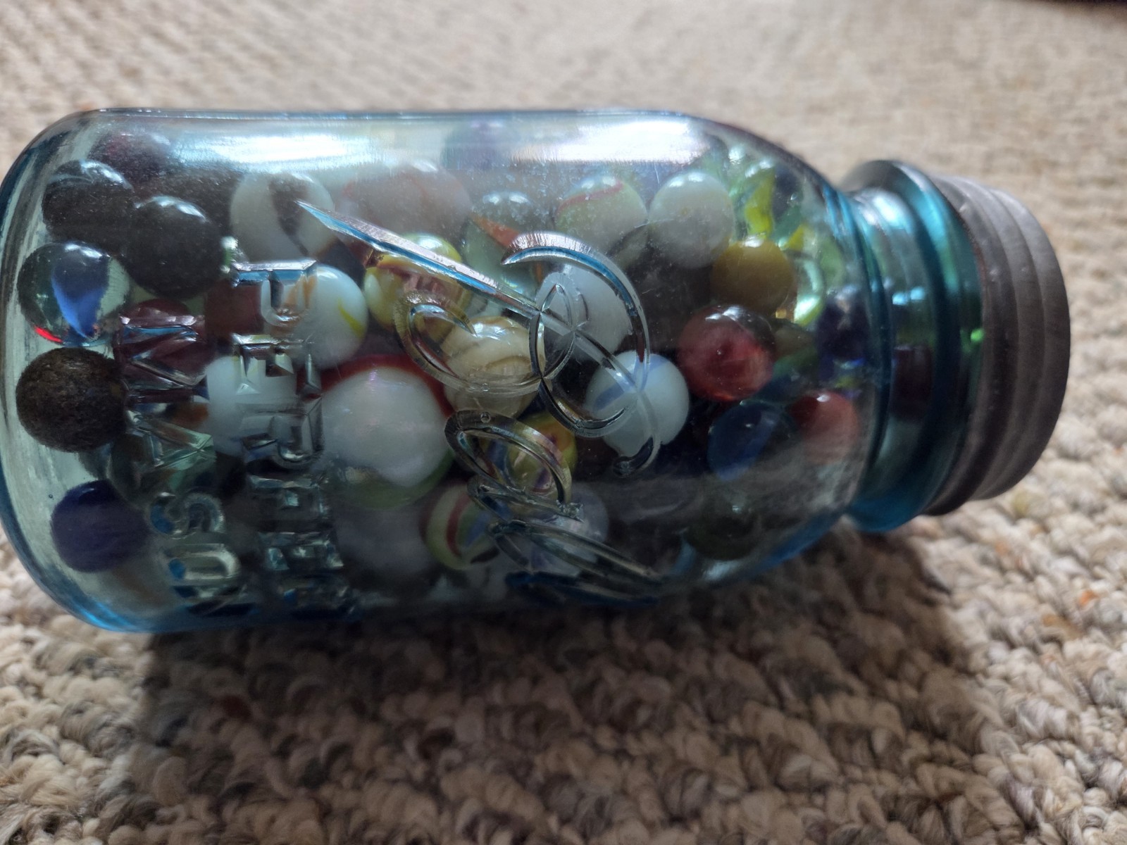 Vintage Blue Glass Ball Jar Full Of Marbles 4 Lbs