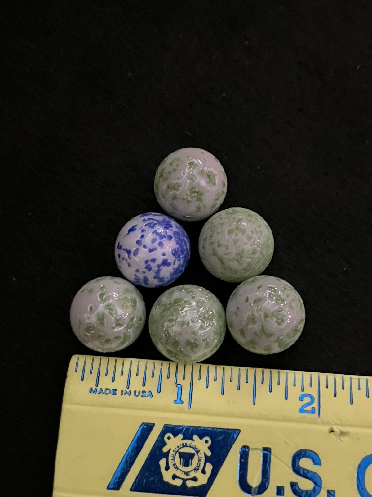 Vintage Speckled Six Marble Lot (6-Pieces) Green W/ A Blue