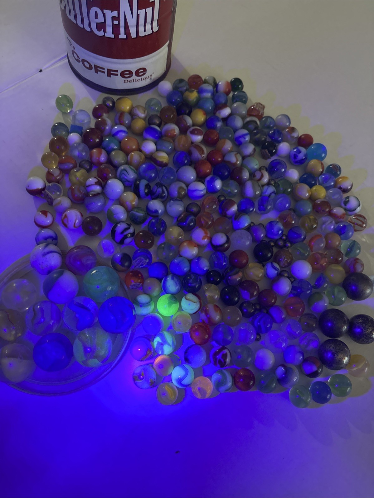 Large Can Of 226 Marbles, Shooters Uranium Glass & Cadmium Vintage Marble Lot