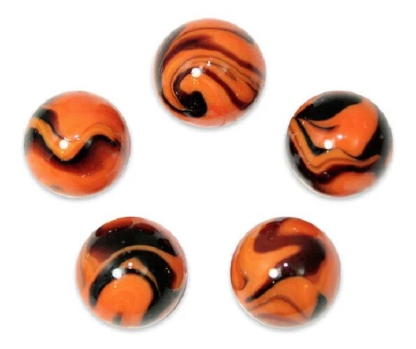 16mm Bengal Tiger Glass Player Mega Marbles Pk of 5 Orange w Black Swirls Vacor