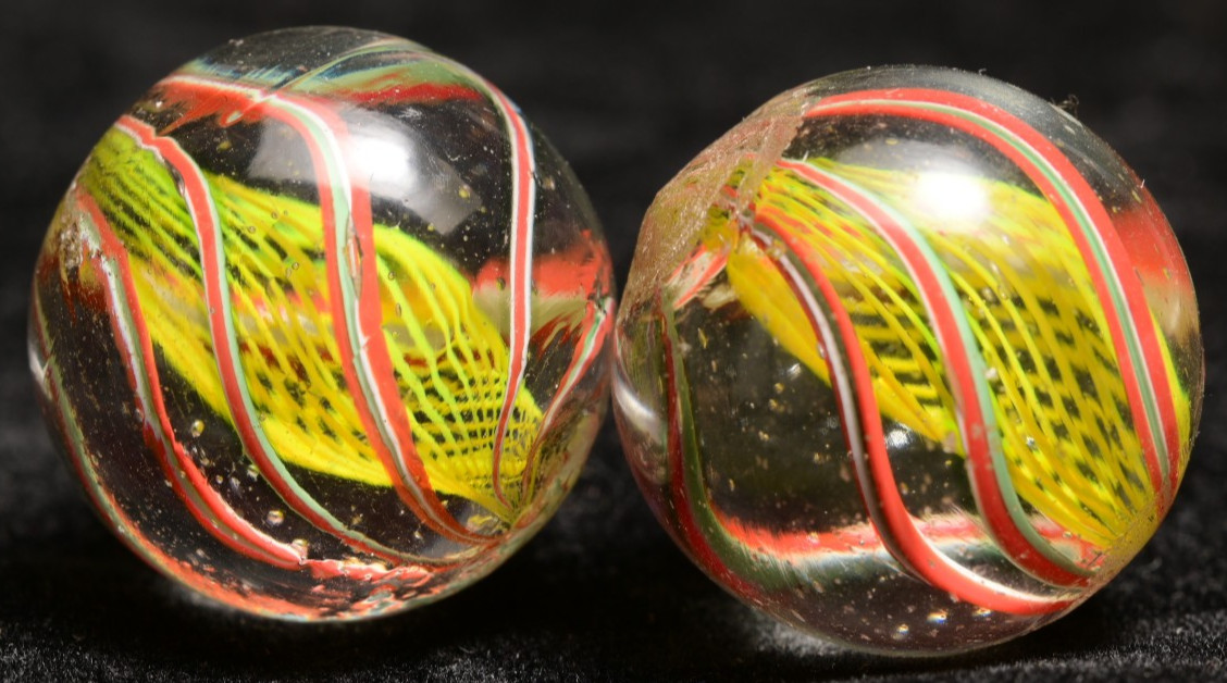 Same Cane Pair Latticino German Handmade Antique Marbles 20mm 25/32”