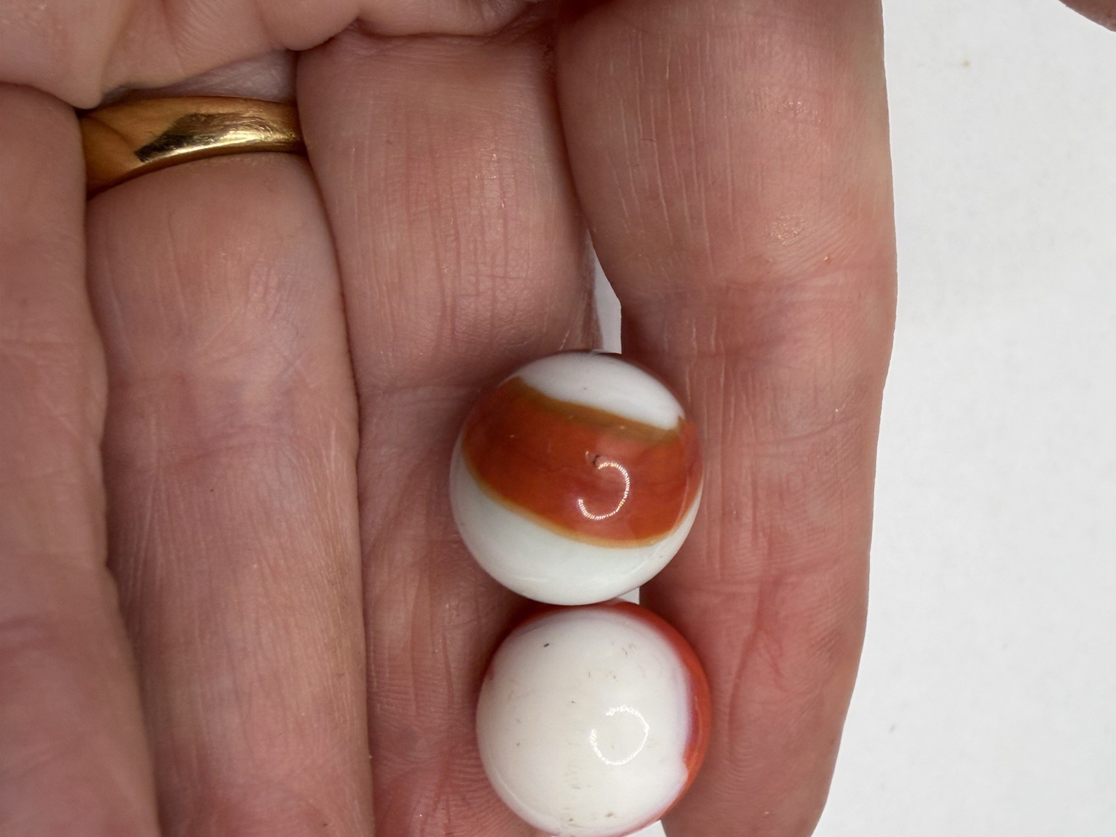 Pair Of Vintage Akro Agate Peltier Christensen Glass Swirl Marble Orange White