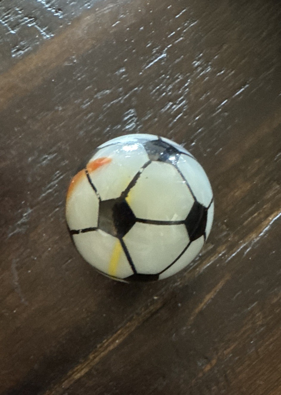 Hand-Painted Soccer Ball Marble Shooter– 24.9mm– White Base with Colored Ribbons