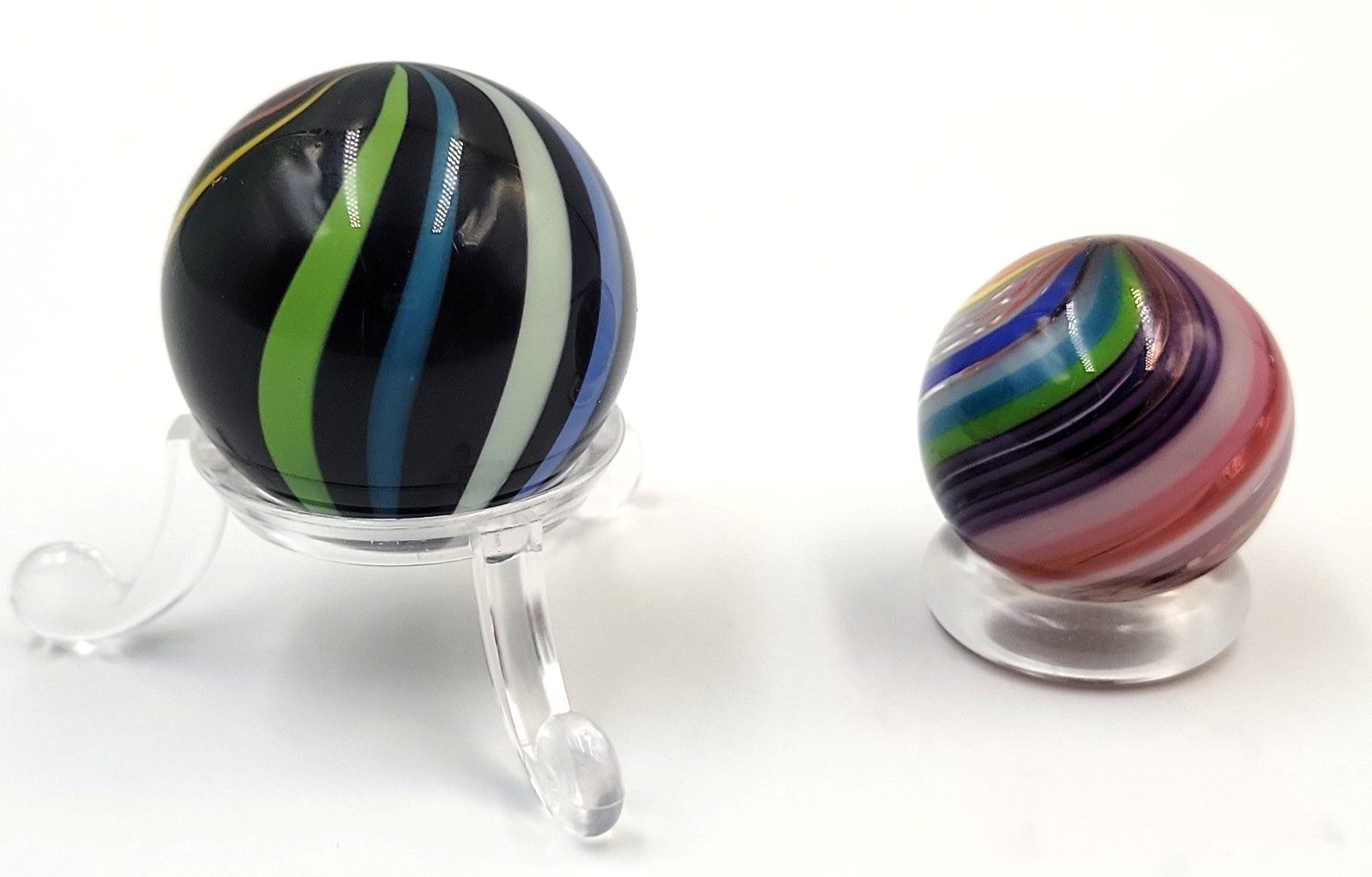 2 Contemporary Handmade Colorful Ribbon Marbles w/Stands Possibly Jody Fine