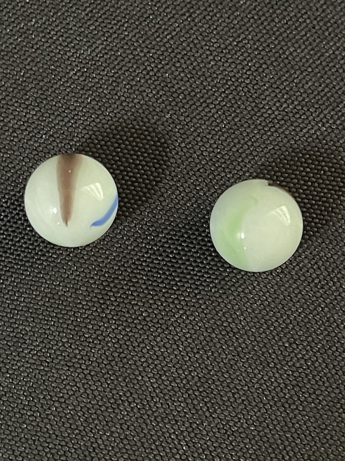2 Vintage .63” Akro Agate Peltier Art Swirl Glass Marbles White Blue Brown Green