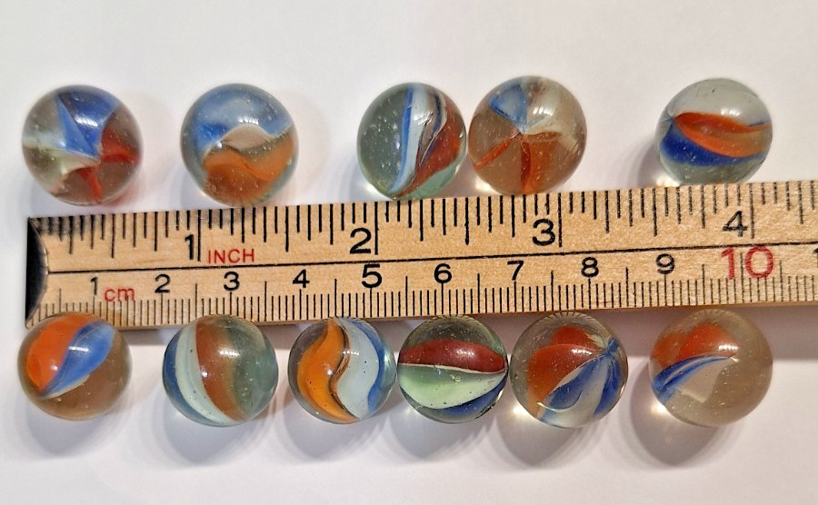 Vtg 6 Vane Tri Color Red White Blue Hybrid Cat’s Eye Marbles 11 ct. UV Reactive