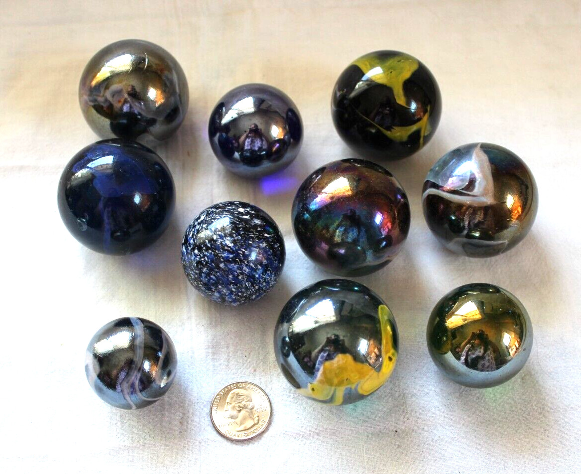 10BOULDERS 35mm MILKY WAY Marbles glass ball oil slick LARGE HUGE Swirl