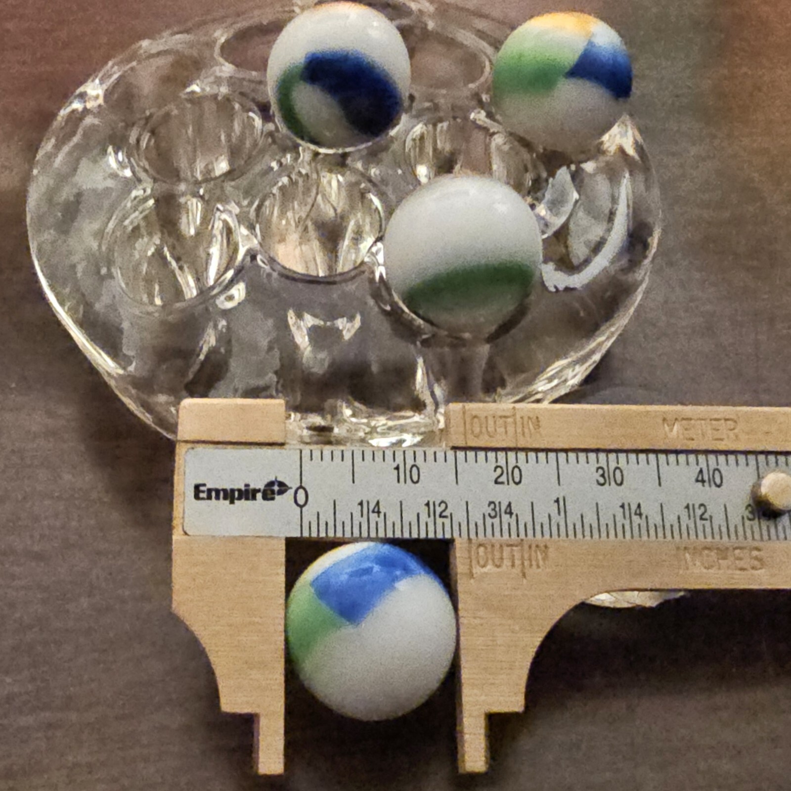 Vintage Marble King Rainbo Wh, Bl, Grn, Ylw/Org 0.625″ Glass Marbles Set of 6