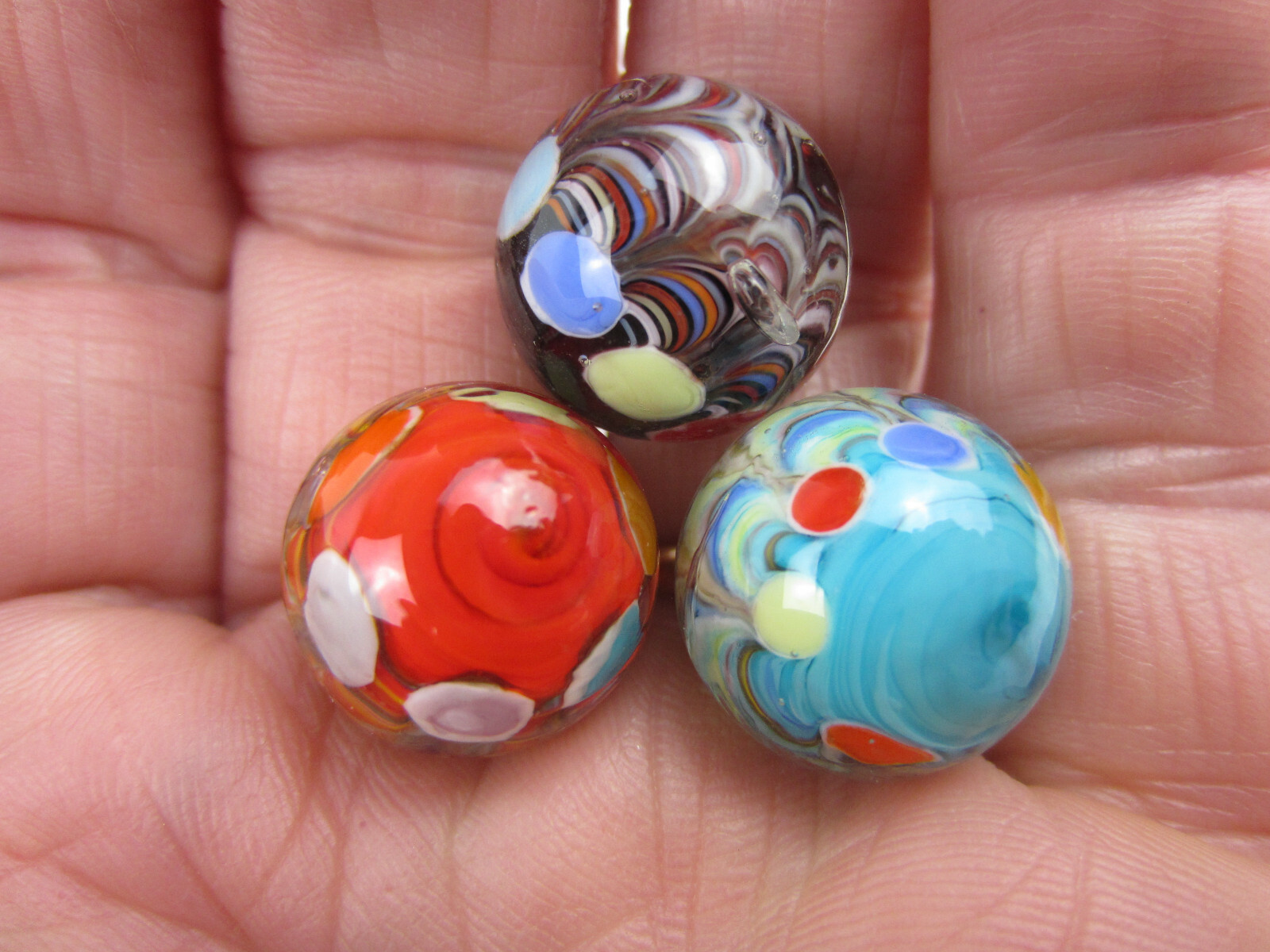 3 BIG TOP 16mm Handmade Art Glass Blue Red Spots/Dots Marbles