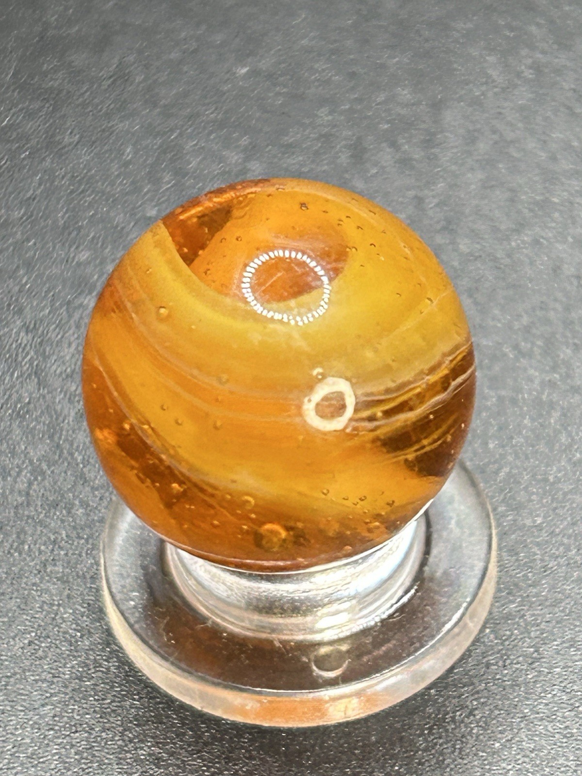 Vintage MF Christensen Amber Base 9 & Tail Marble w/Below Surface Pattern 0.709”