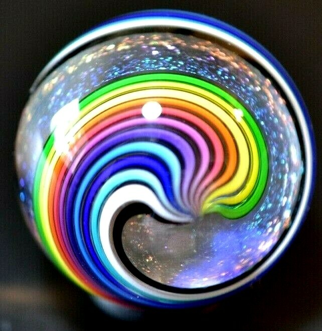 JAMES ALLOWAY GLASS MARBLE/1.238″-RAINBOW DICHROIC 1/2 SWIRL # 3130-SUPER FAST