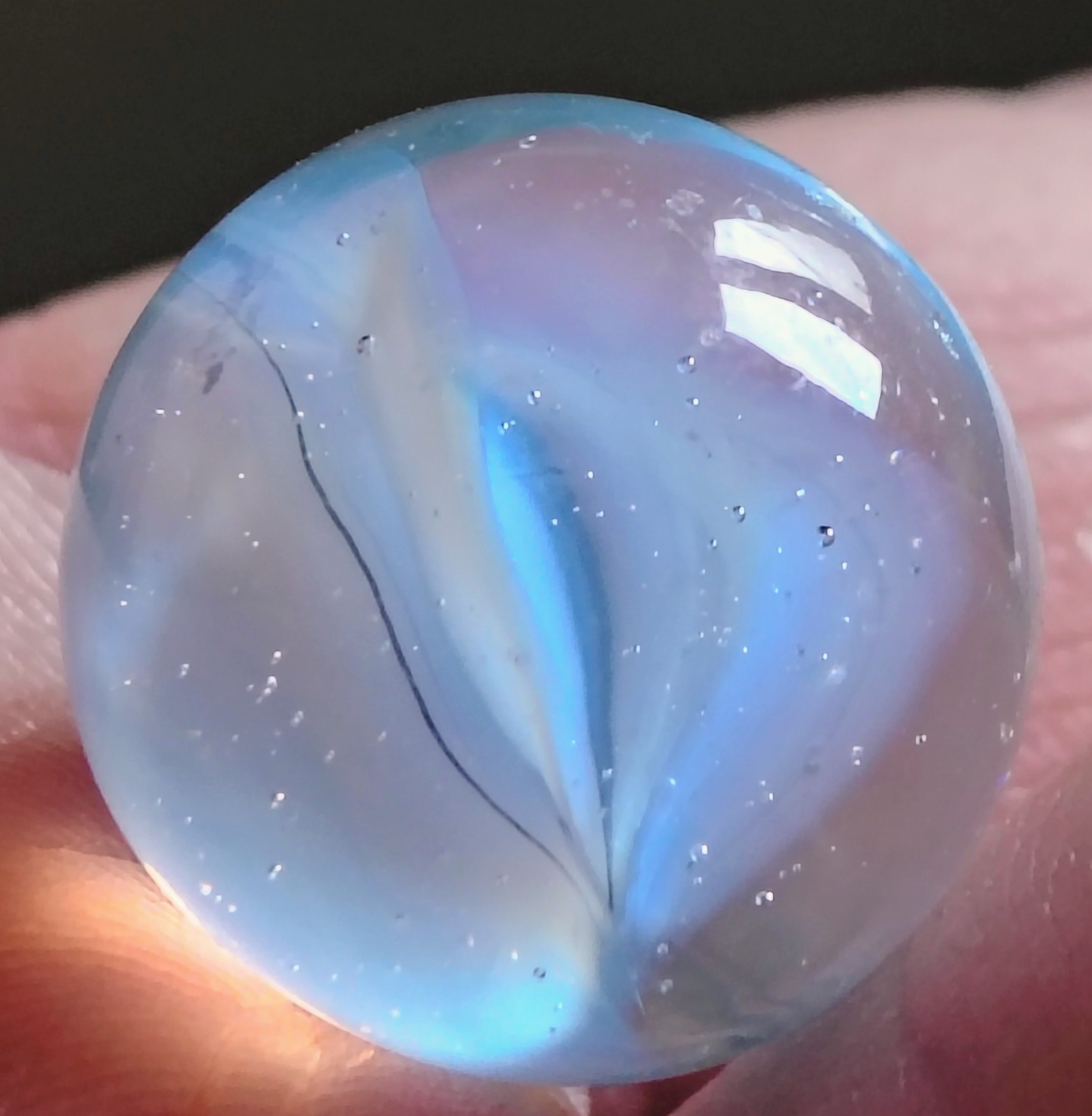Vintage Fancy Four Vein 0.59″ White Blue Cats Eye Marble Ox Hair? Peltier Glass