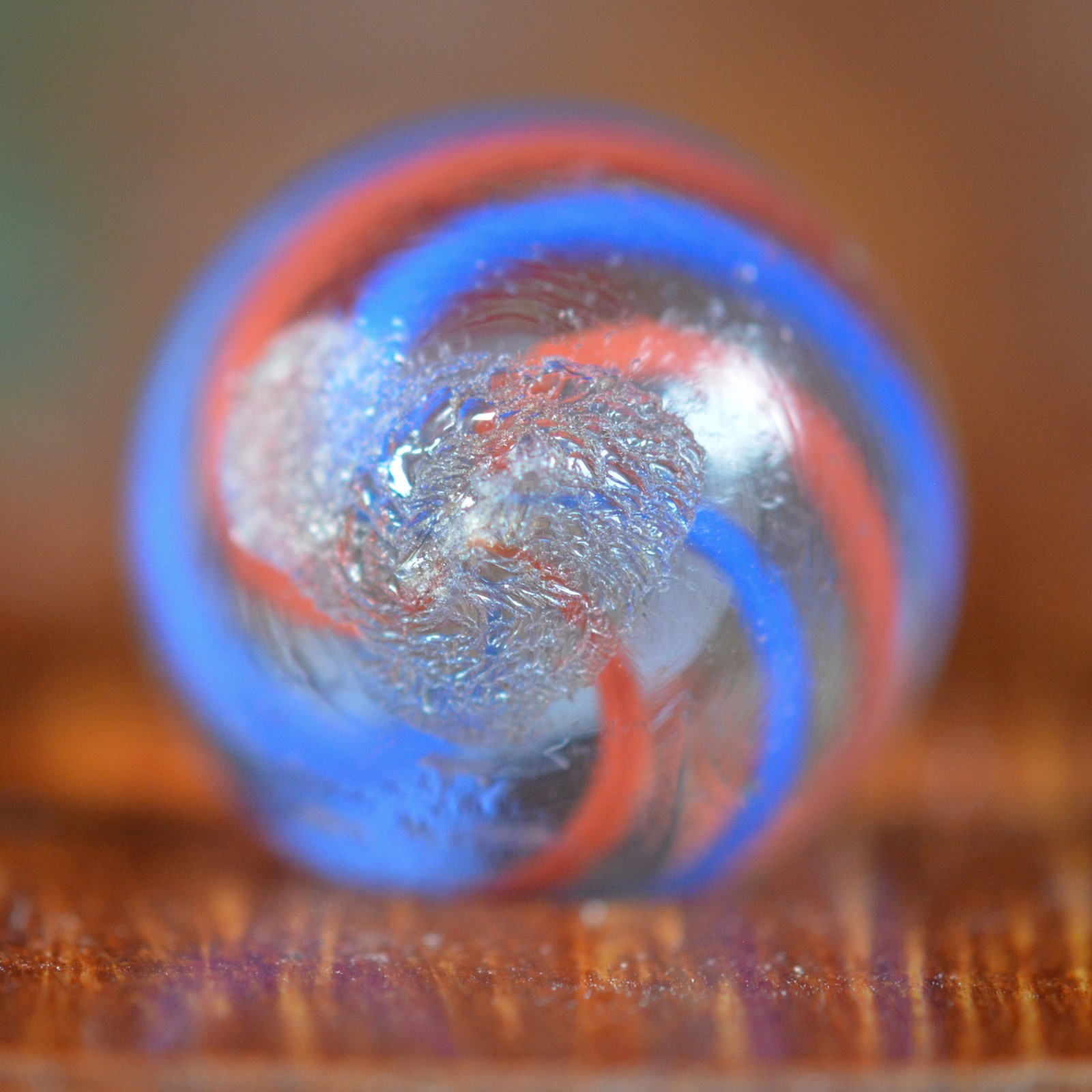 Handmade Blue & Red Caged Latticinio Marble, White Core, 0.56″, Near Mint+ S1599