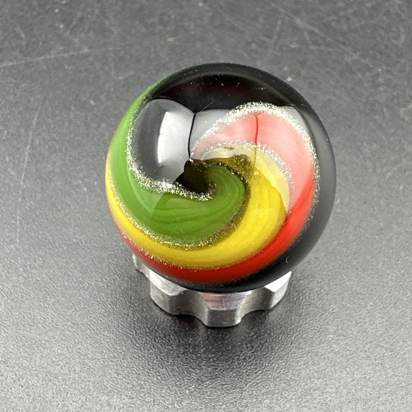 Contemporary Handmade Art Glass Marble .76″ Swirl MIB, Rasta Colors, Banded Boro
