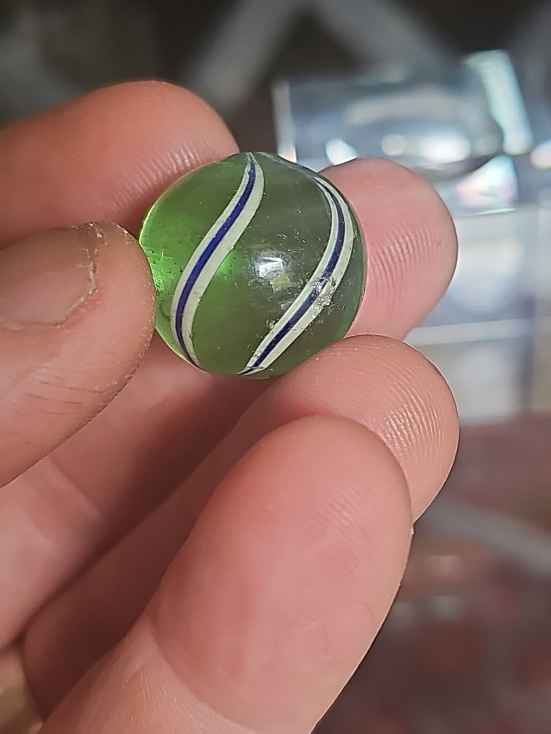 Antique German Handmade Blue White Banded Marble .78 Minty Green Transparent