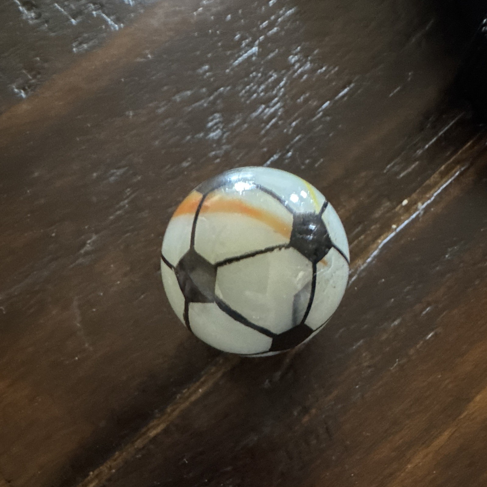 Hand-Painted Soccer Ball Marble Shooter– 24.9mm– White Base with Colored Ribbons