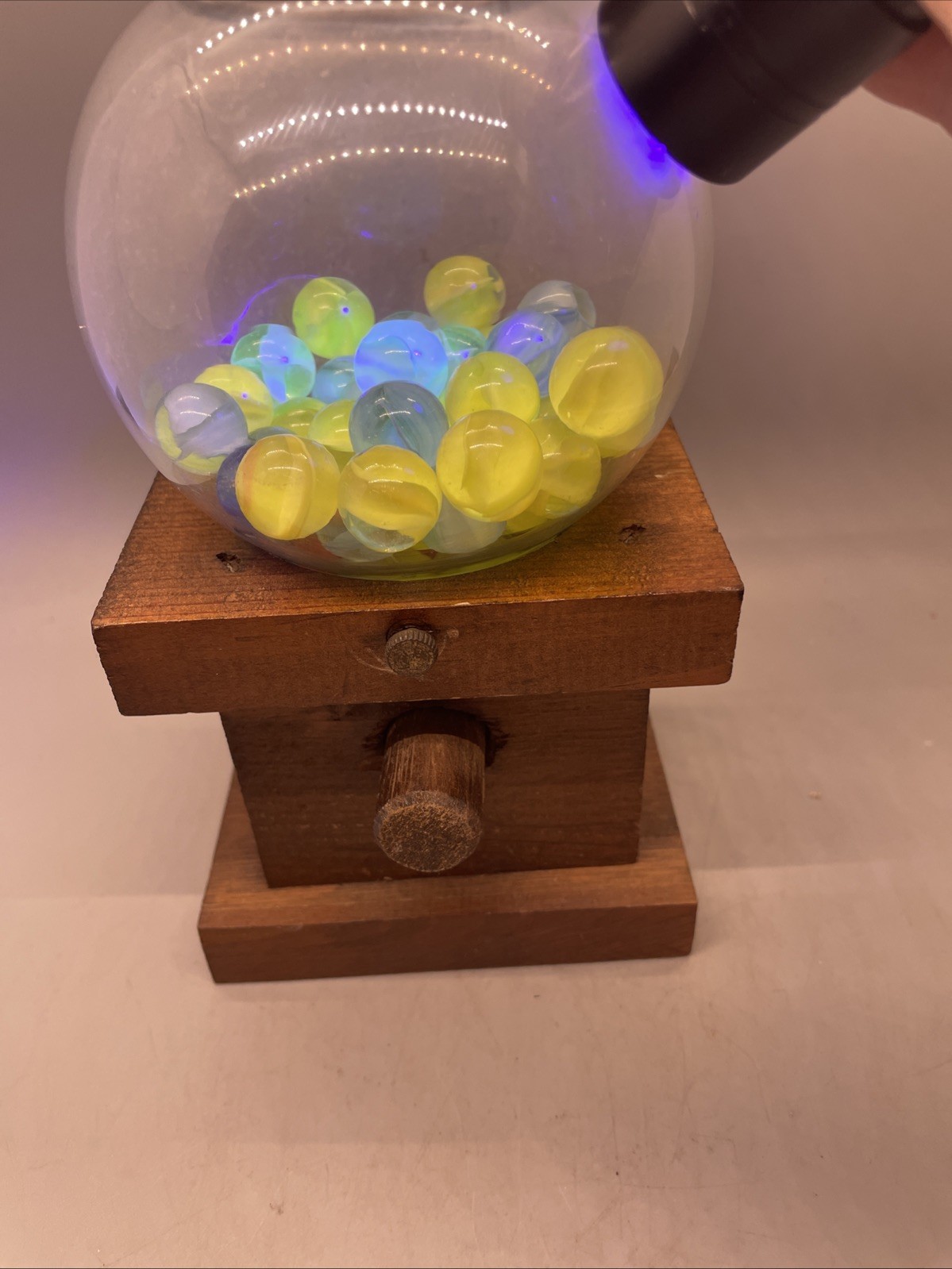 Vintage Wood Gumball Machine Glass Globe And Filled With Vintage Glowing Marbles