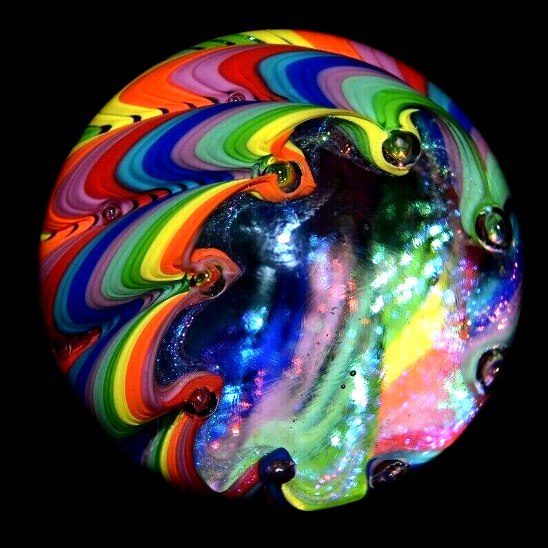 JAMES ALLOWAY HANDMADE MARBLE/2.623″-DICHROIC RAINBOW VORTEX # 3217-LIME,ROYAL +