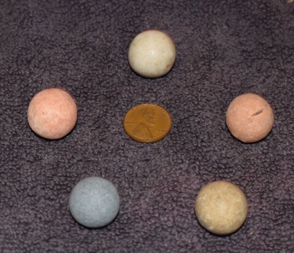 Antique 1800s Victorian era Clay Marbles Lot of 5 Various Size approx. .750=3/4″