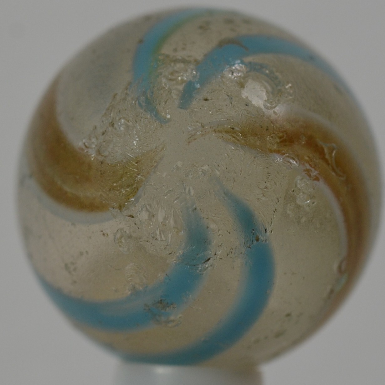 Handmade Aqua Banded Lutz Marble, 25/32 in, Good+, Chip, Germany 1860-1920 S1234
