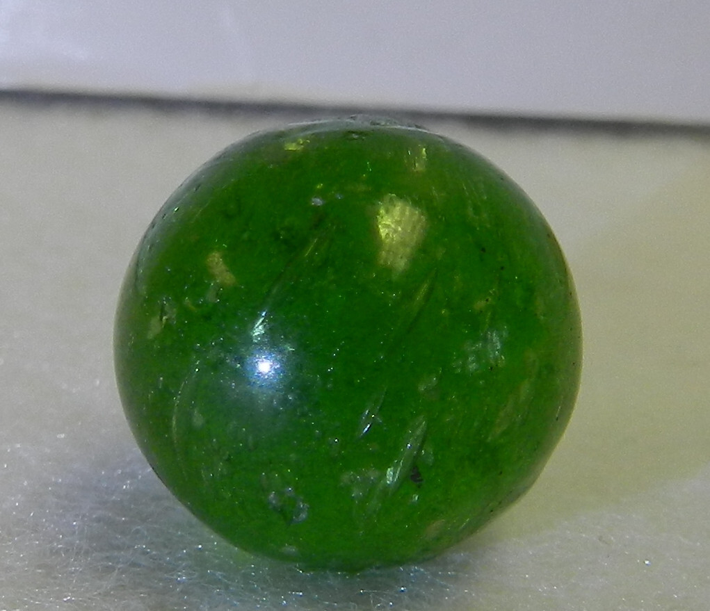 #18398m Vintage German Handmade Green Glass Mica Marble .64 Inches