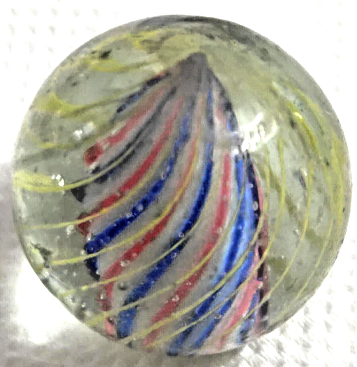OLD 2 TOY MARBLES multi colored solid core caged 1 tri level ,2 blue base glass
