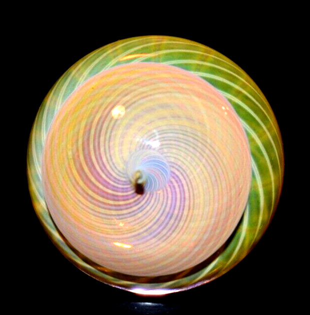 COHESION GLASS MARBLE/1.340″-3 SPINNING BOWLS-YELLOW, PEACH,PINK,TANGERINE,GOLD