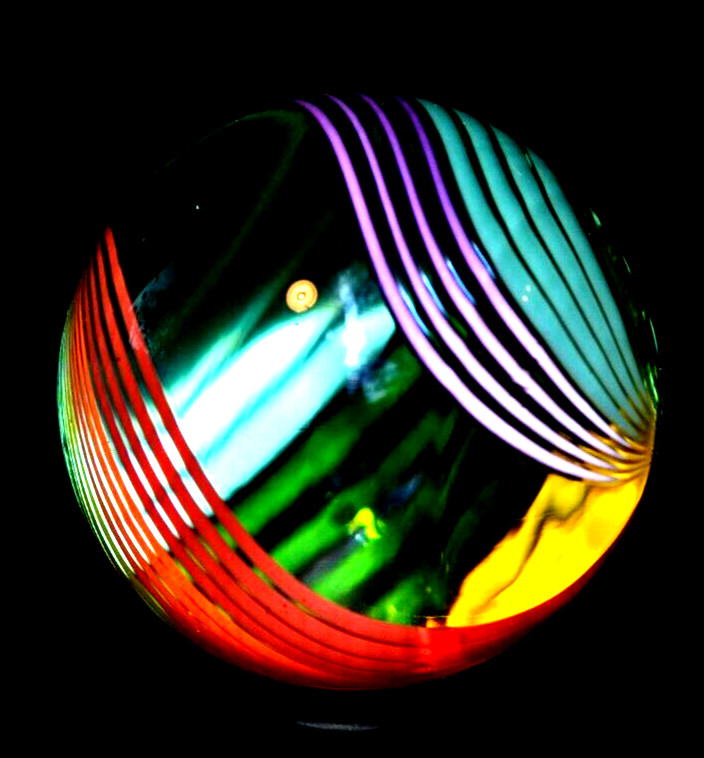 JOHN GIBBONS GLASS MARBLE/1.650″-24 RIBBON RAINBOW SWIRL-CRIMSON,GR. LUTZ,TURQ +