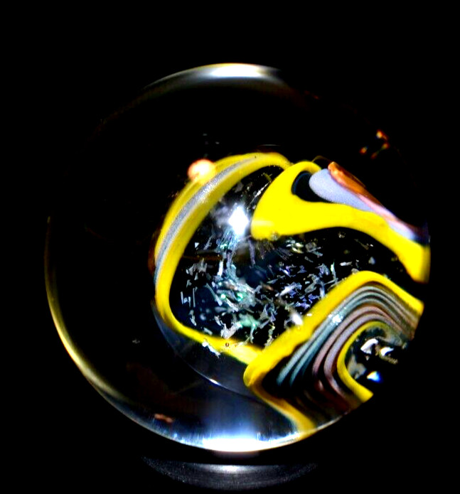MIKE WARREN GLASS MARBLE/1.153″-TRIPLE ABALONE-PINK,EGGPLANT,GOLD,DICHROIC+