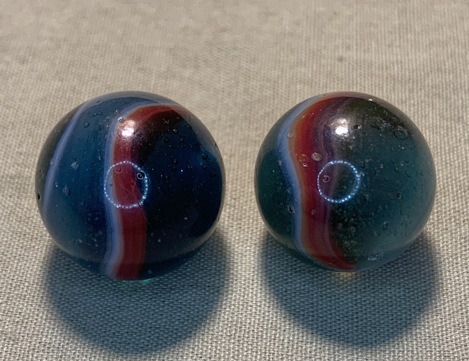 2 Vtg Rare Peltier Glass Co. White Red & Blue Transparent Rainbo Marbles 0.629”