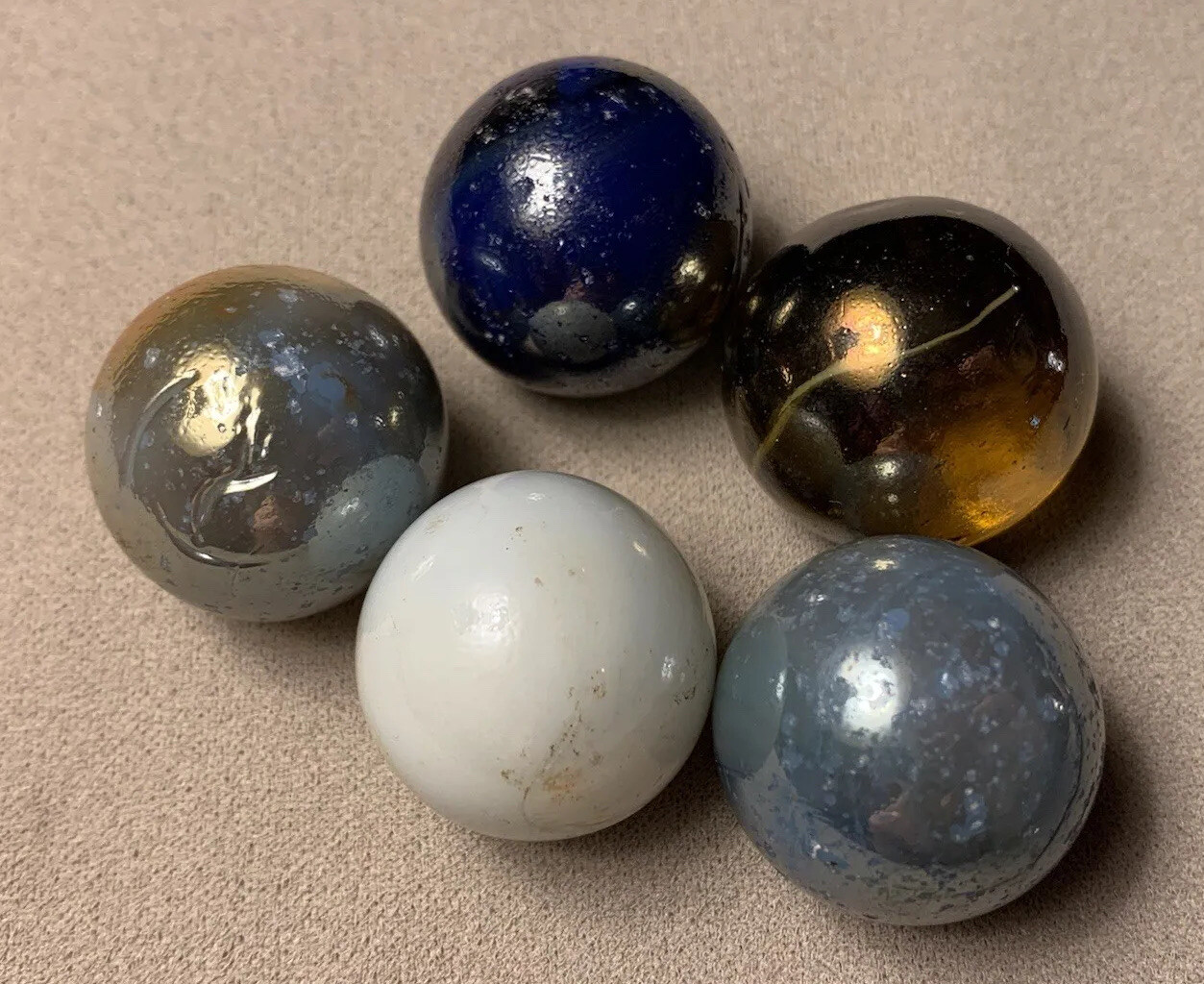 5 Vtg Vacor Blue White Gold Iridescent Transparent Shooter Marble Job Lot 1.019”