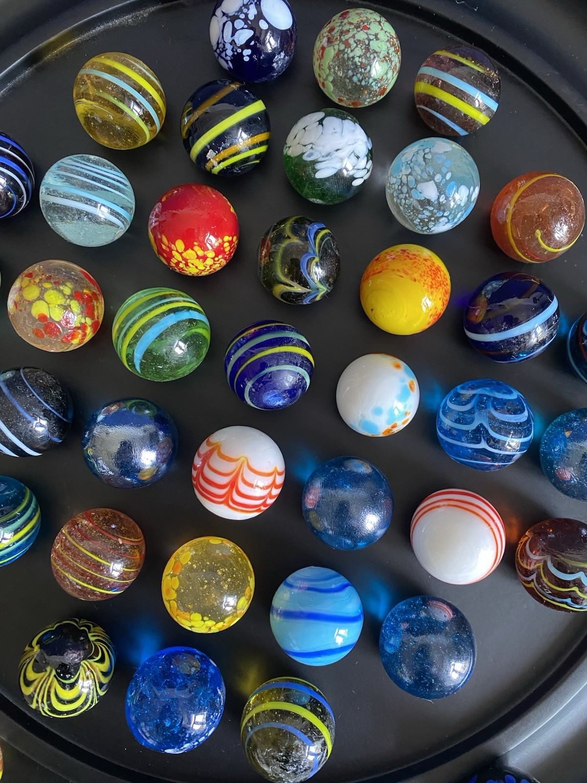 Solitaire Di Venezia Hand Blown Glass Marbles 42 w/Black Wood Base Board