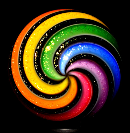 HOT HOUSE GLASS MARBLE/1.480″-RAINBOW & BLACK DICHROIC-YELLOW,LIME,BLUE,RED+
