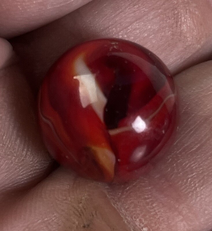 Vintage Akro Agate Peltier Art Swirl Glass .64 Marble Red Black White Orange