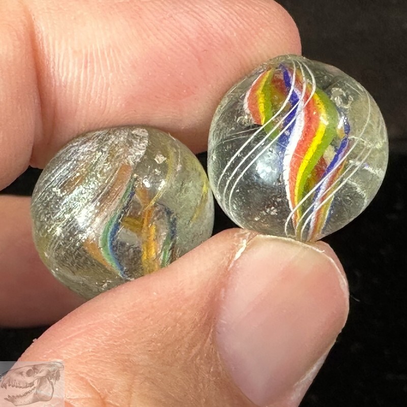 2 Handmade Swirl Marbles, Divided Core, 11/16 inch, 1860-1920 Germany, S775