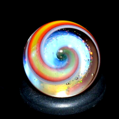 BRYAN TRILLAS GLASS MARBLE/.560″-VIOLET BLACKLIGHT W/YELLOW & RED RIBBONS-FAST