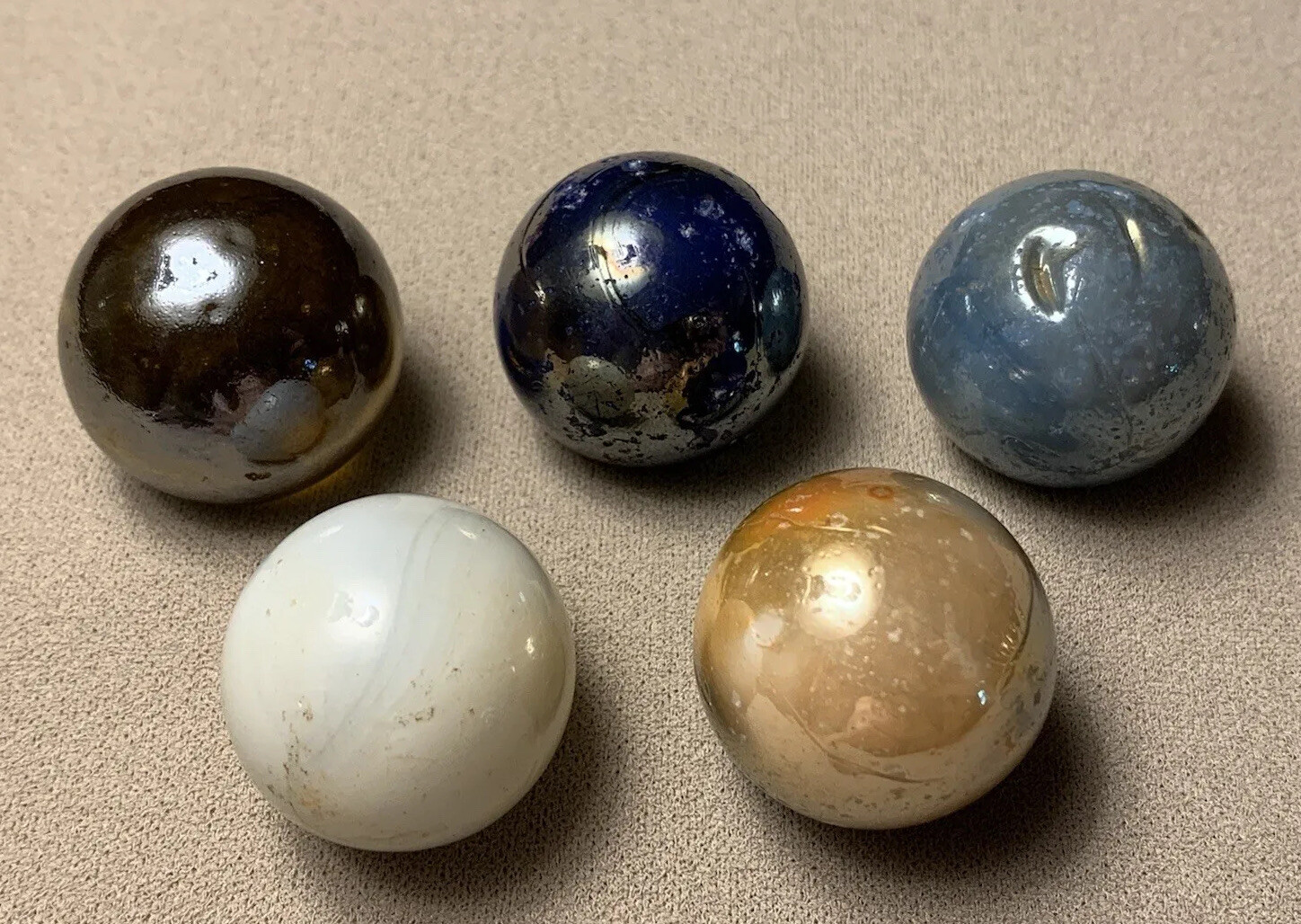 5 Vtg Vacor Blue White Gold Iridescent Transparent Shooter Marble Job Lot 1.019”