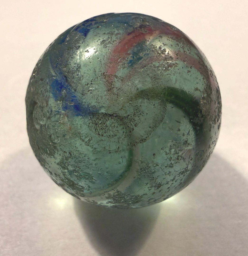 1″ ANTIQUE HANDMADE GERMAN MARBLE, WHITE Latticino CORE, Pink, Blue Ribbon