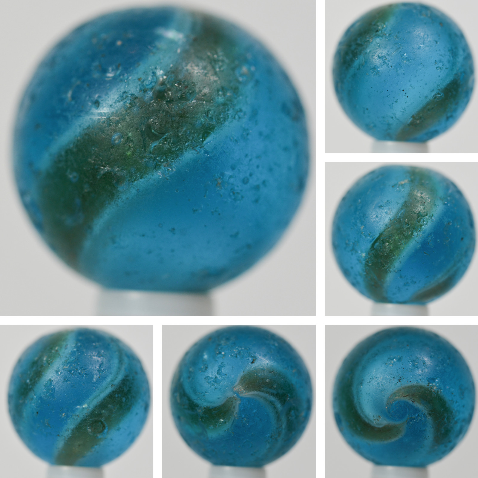 Handmade White Ribbon Lutz Marble Blue Base 3/4 in, Collectible, Germany S1394