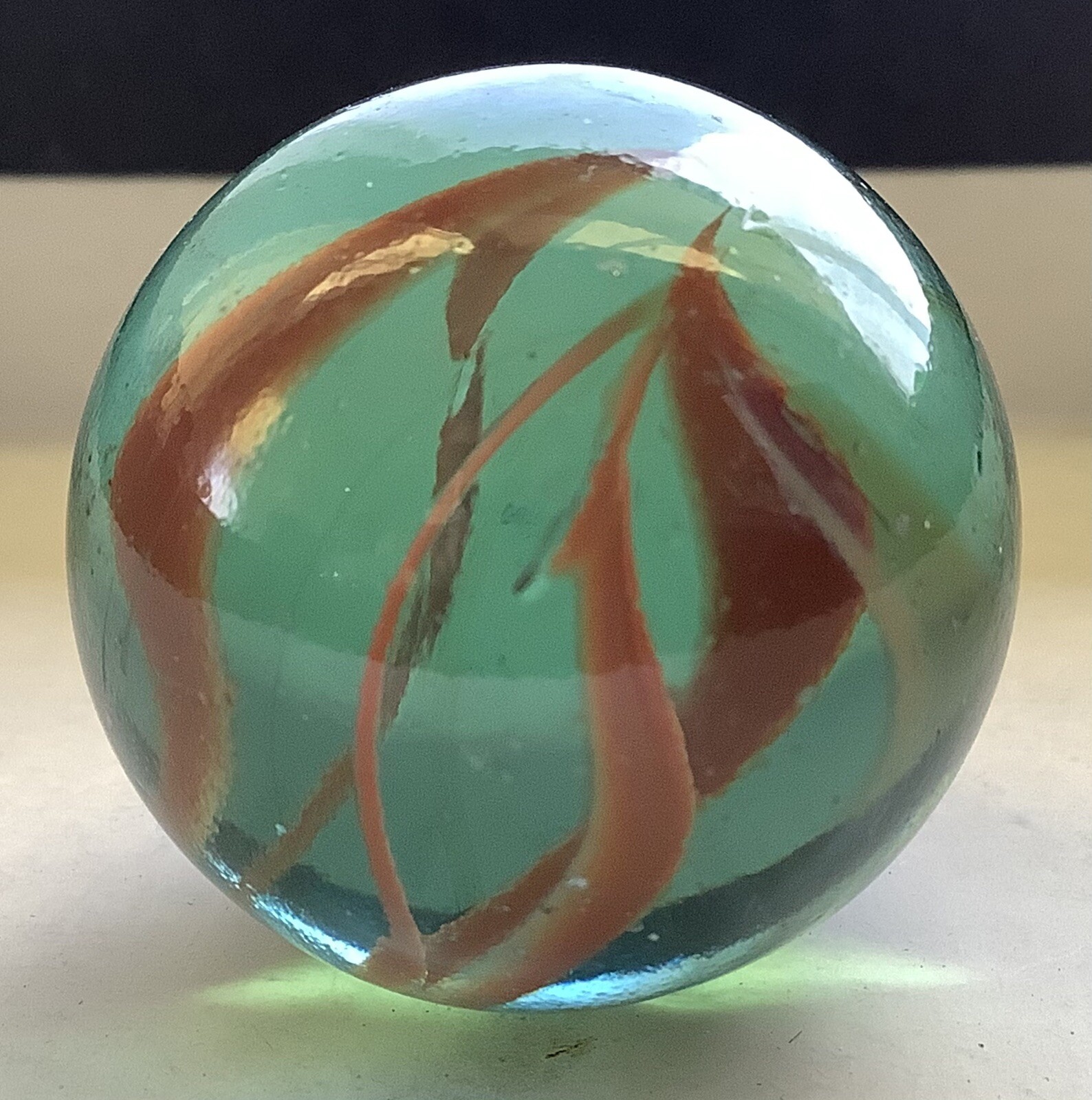 Vintage Estate Large 6 Vein Rust Red Color In Aqua Glass Shooter 1” Marble