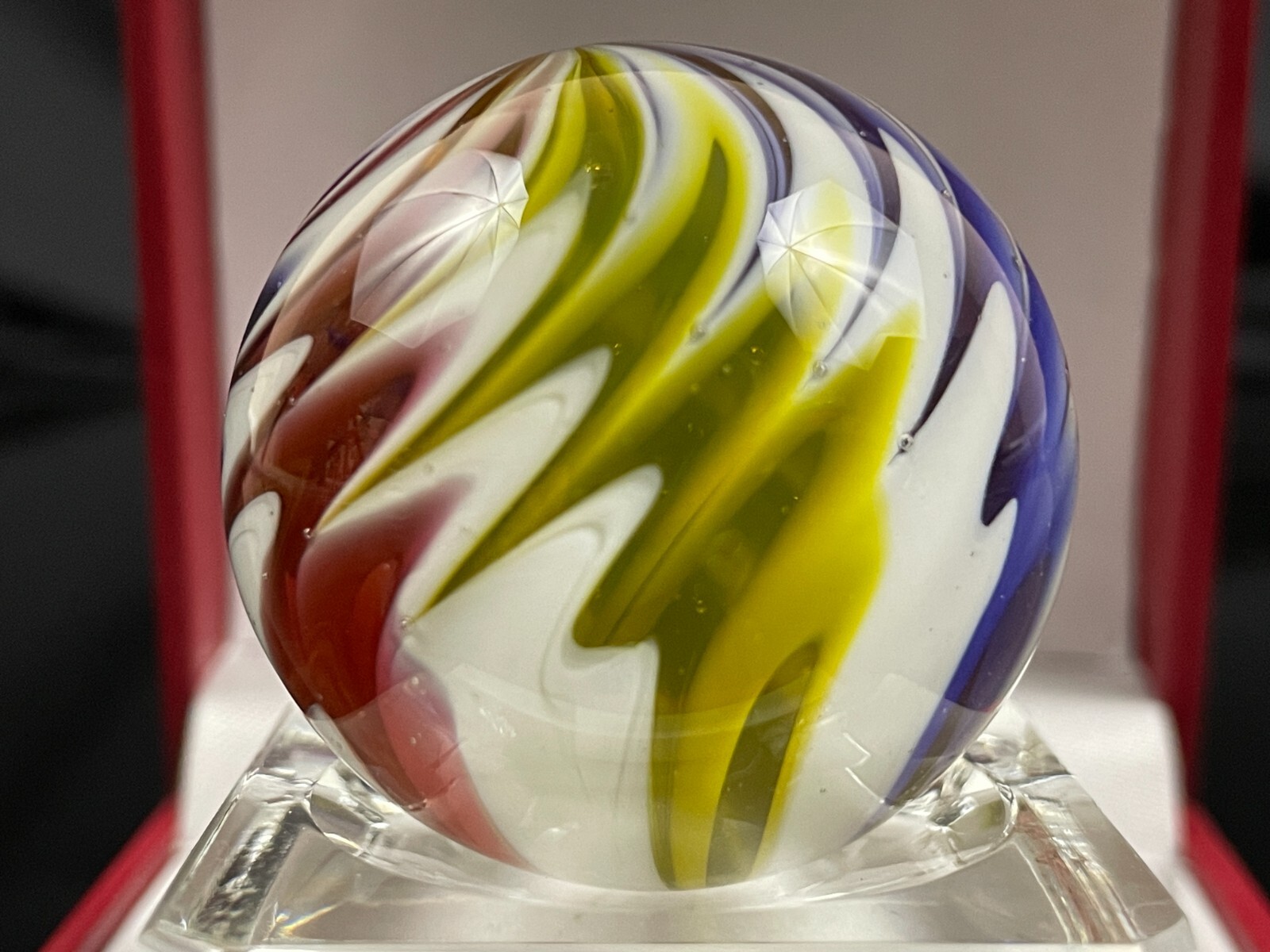 Rick Davis Glass Art Marble 1.46″ Signed Orange White Black Purple Magenta
