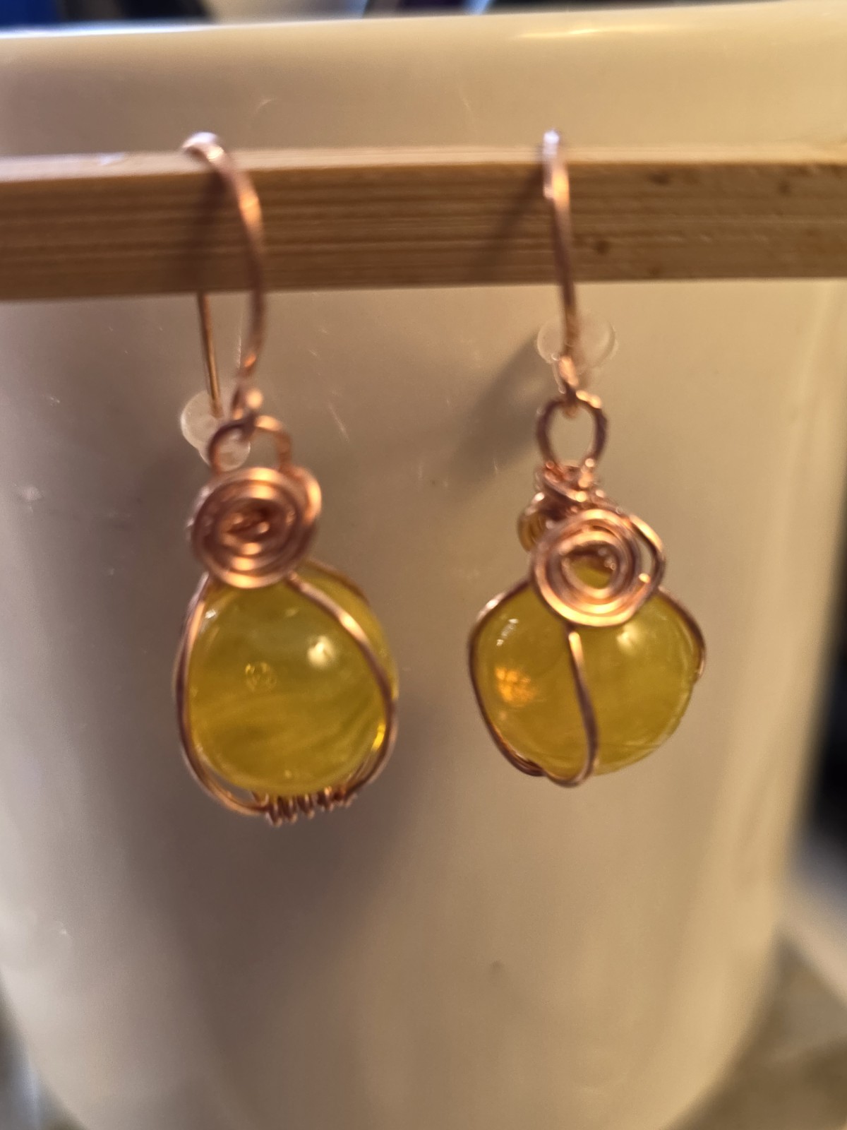 SCHOOLYARD YELLOW MARBLE Healing USA PURE COPPER Earrings Artisan Spirals, Hook