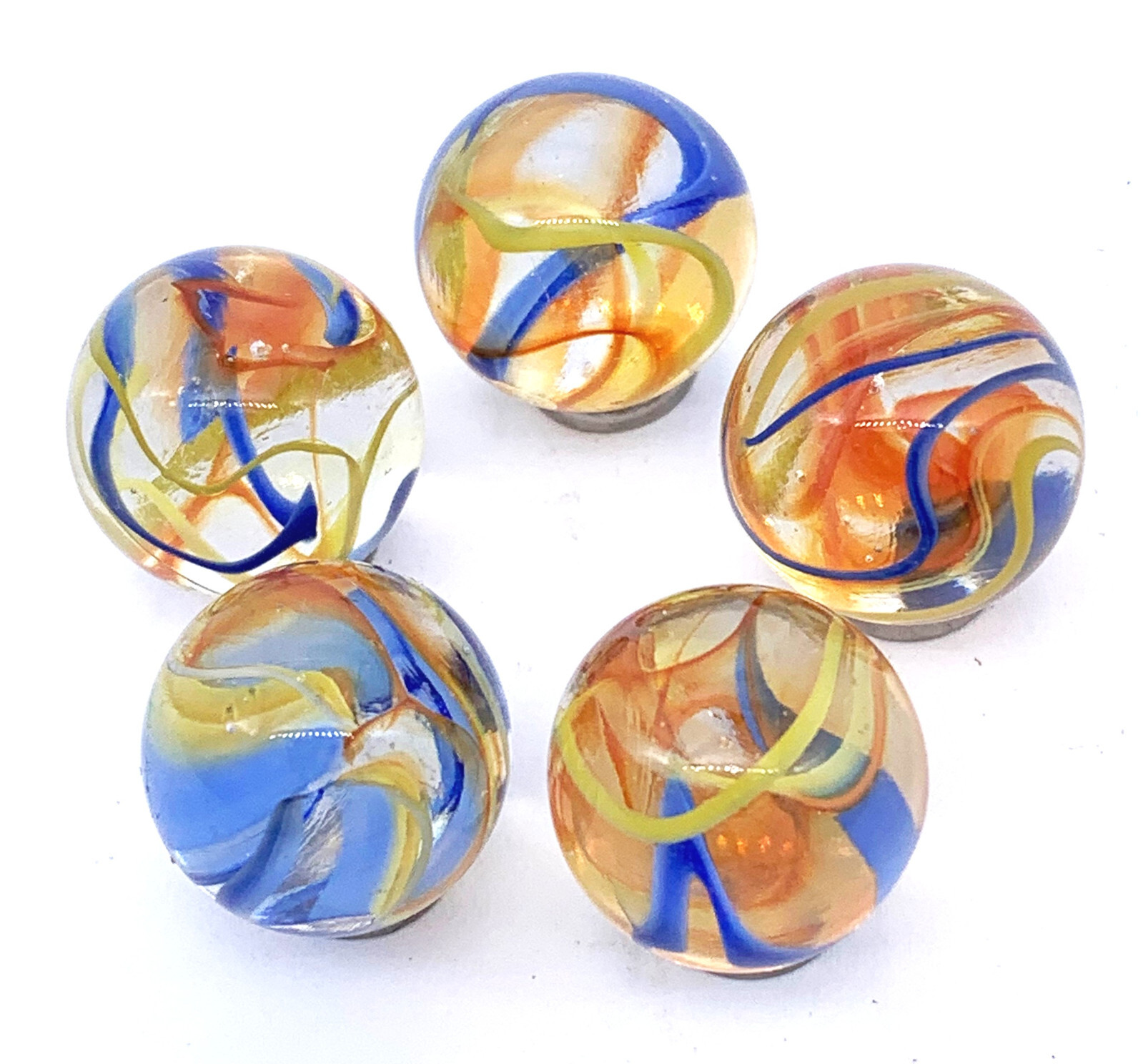 16mm Fiesta Glass Marble Players Pk 5 House of Marbles Clear w Red Blue Yellow