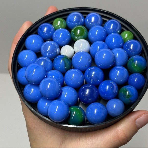 40+ Vintage Glass Marbles Shiny Glossy Blue Green White Solid Colour Lot Swirls