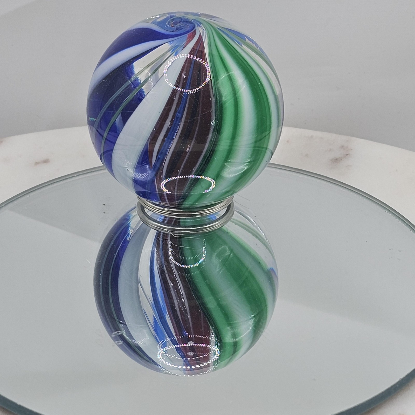 Hand Blown Art Glass Paperweight 47 mm Swirl Sphere Blue Green White Marble Orb