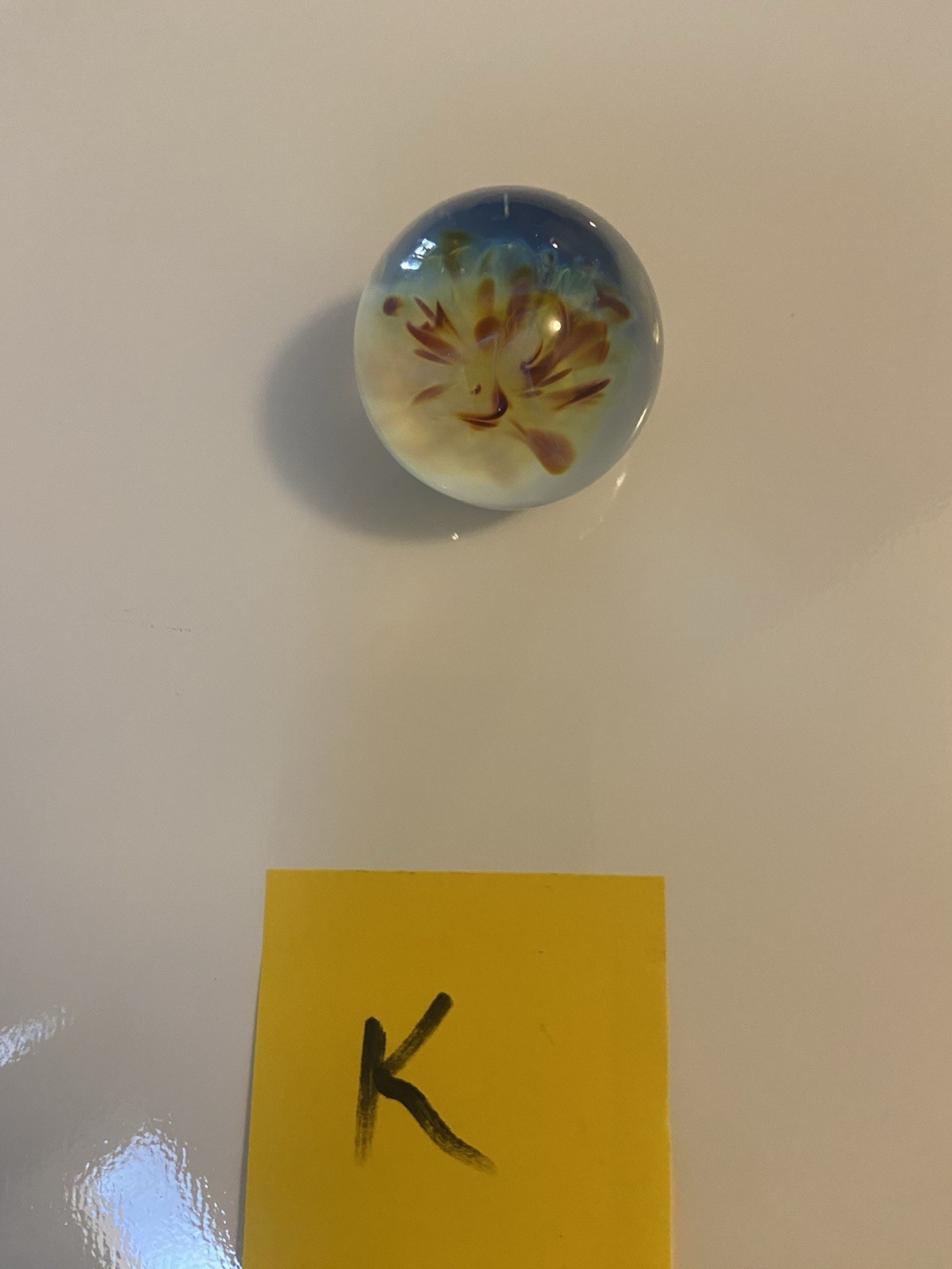 Handmade Art Glass Shooter Marble Sphere, Yellow Purple Swirl Flower Design