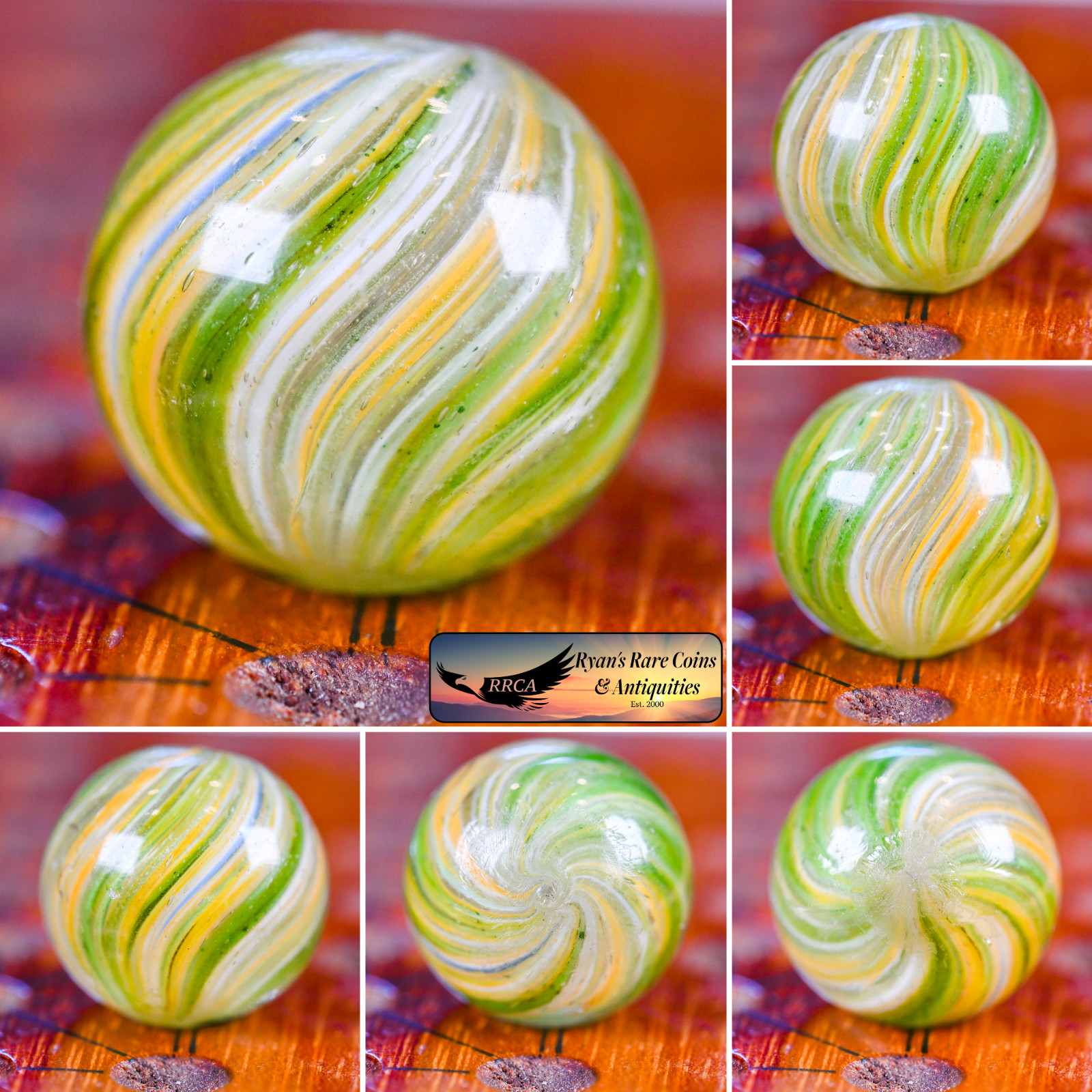 Green Onionskin Marble, Handmade 0.85 in, Near Mint+, 1860-1920 Germany, S1635