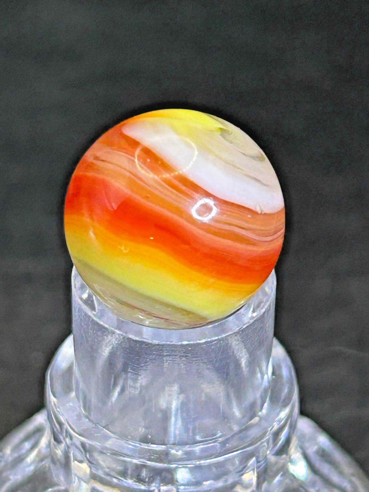 Vintage Akro Agate Popeye Marble, Red-Orange/Yellow/White, .63″, Wet Mint, #AP2