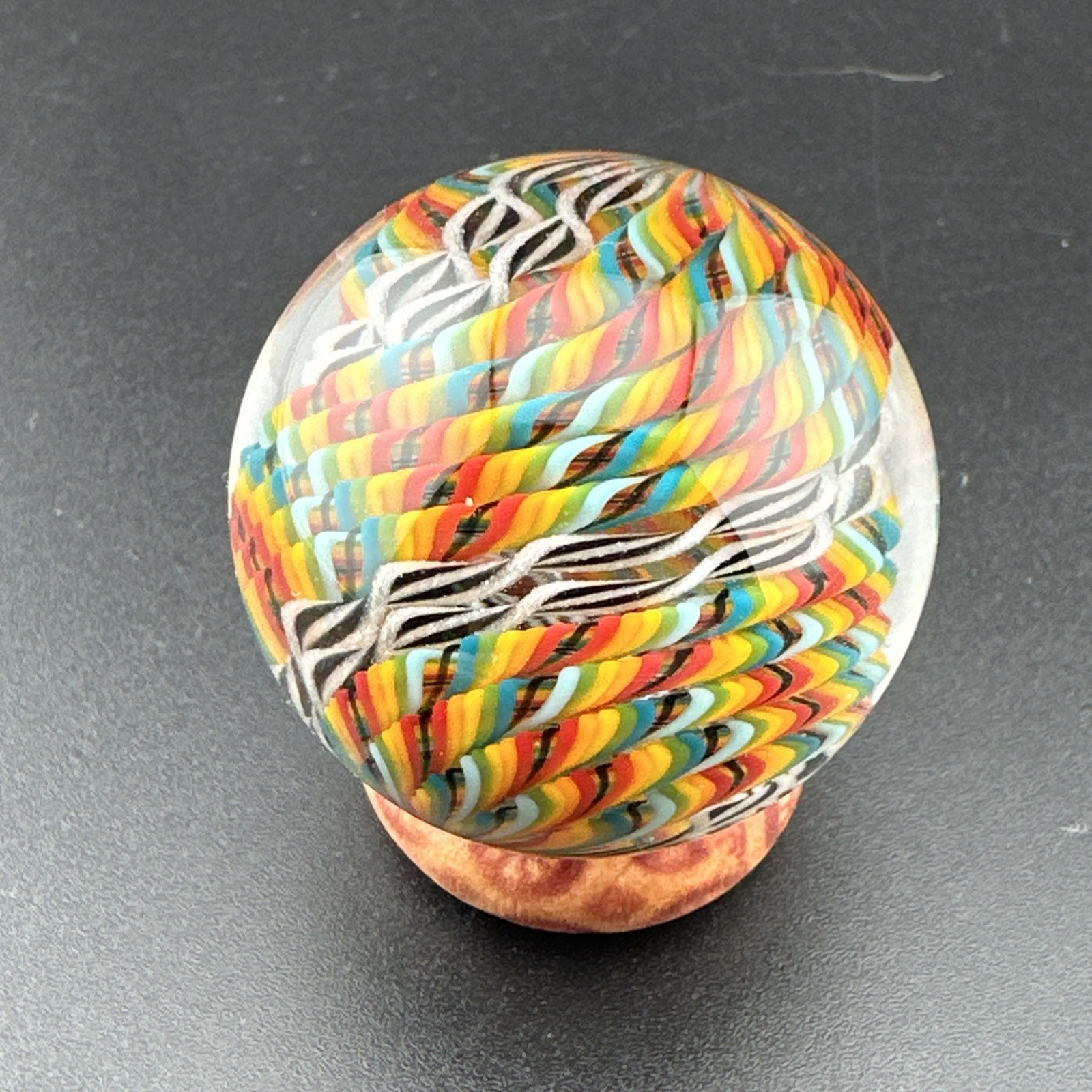 Contemporary Handmade Art Glass Marble 1.33″ Filigree Cane, Rainbow, Black White