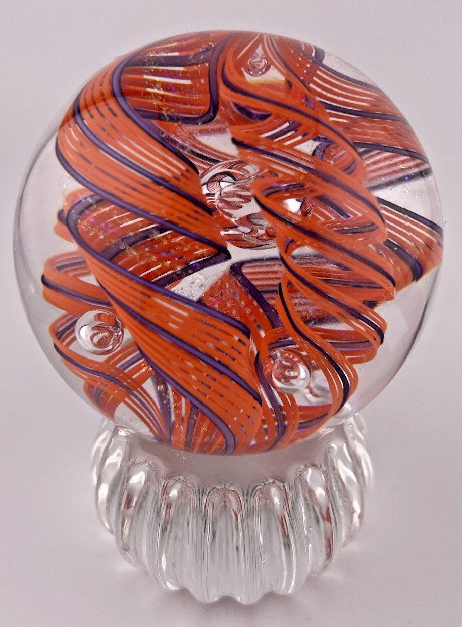 JAMES ALLOWAY 2023 Orange/Purple Dichroic QUADMANIA #442/Glass Marble W/Std 2.3″